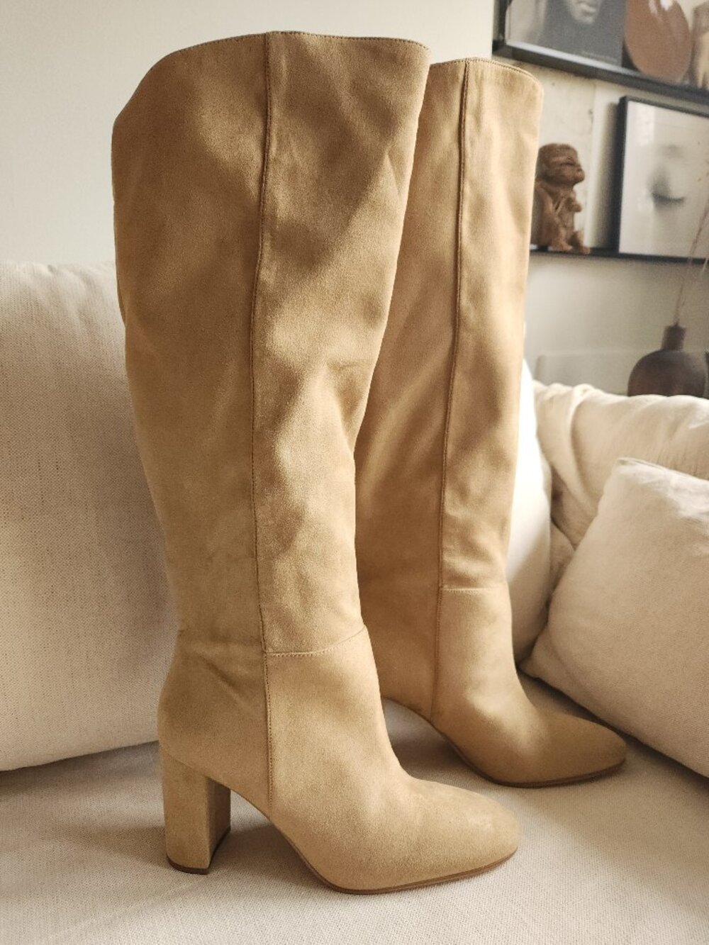 NWOT H&M Beige Faux Suede Knee-High Slip-On Block Heel Boots - Sz 42